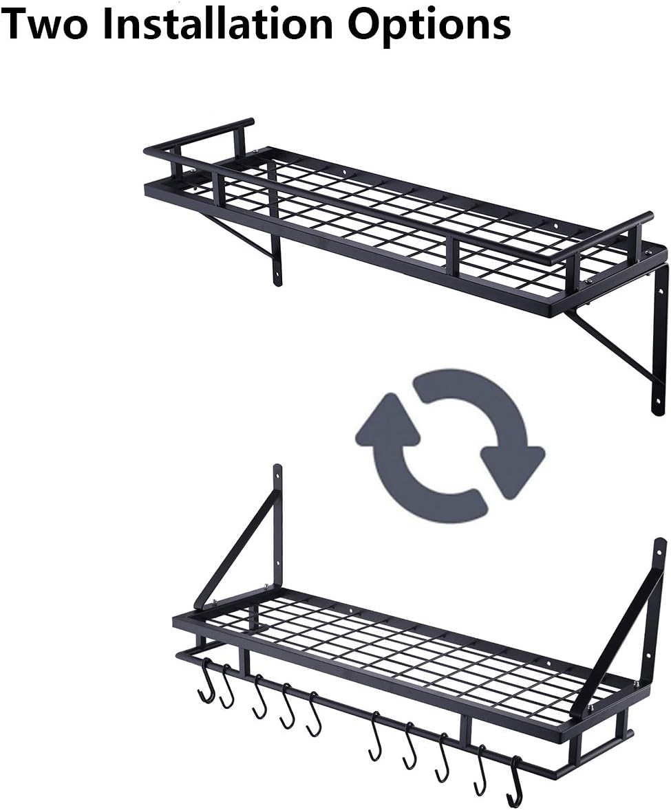 KES Pot Pan Rack Wall Mounted Kitchen Hanging Rack Storage Organizer Wall Shelf with 12 Hooks 76CM Matte Black, KUR215S75A-BK - Image 4