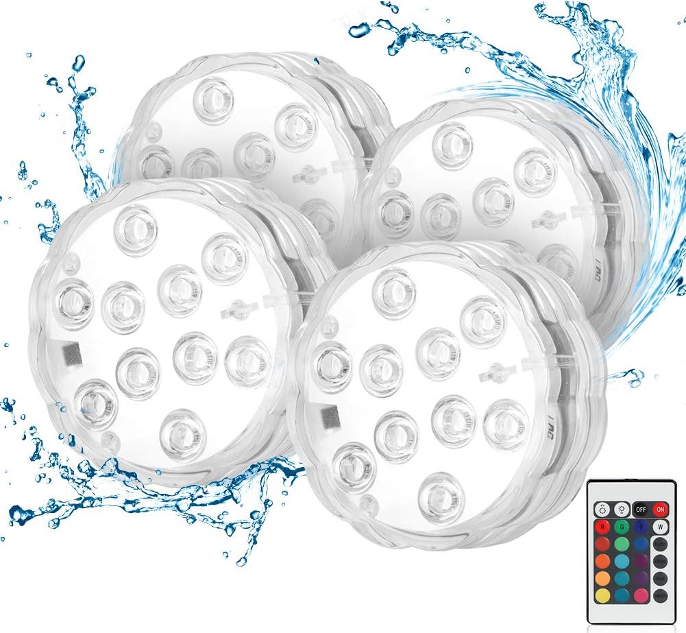 Sanfant Poolbeleuchtung Unterwasser,Wasserdichte Multi Farbige RGB Teichbeleuchtung Poollicht,Unterwasser LED mit IR Fernbedienung für Vase,Base,Weihnachten,Halloween Deko(4Stk)