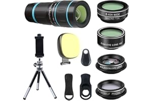GODEFA Phone Camera Lens, 6 lenses+ LED Light+ Remote Shutter+ Tripod, 18X Telephoto Zoom/Wide angle/Macro/Fisheye/CPL/Kaleidoscope camera lens kit for iPhone Xs X XR 8 7 6 Plus Samsung and Android