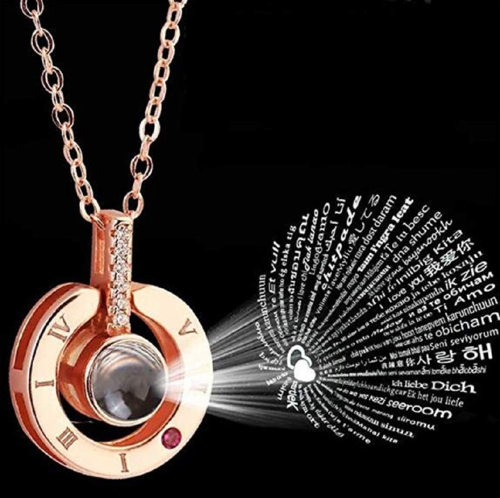 Fellee I Love You Pendant Necklace, 100 Different Languages I Love U, The Memory Love Nanotechnology Projection Necklace (Rose Gold)