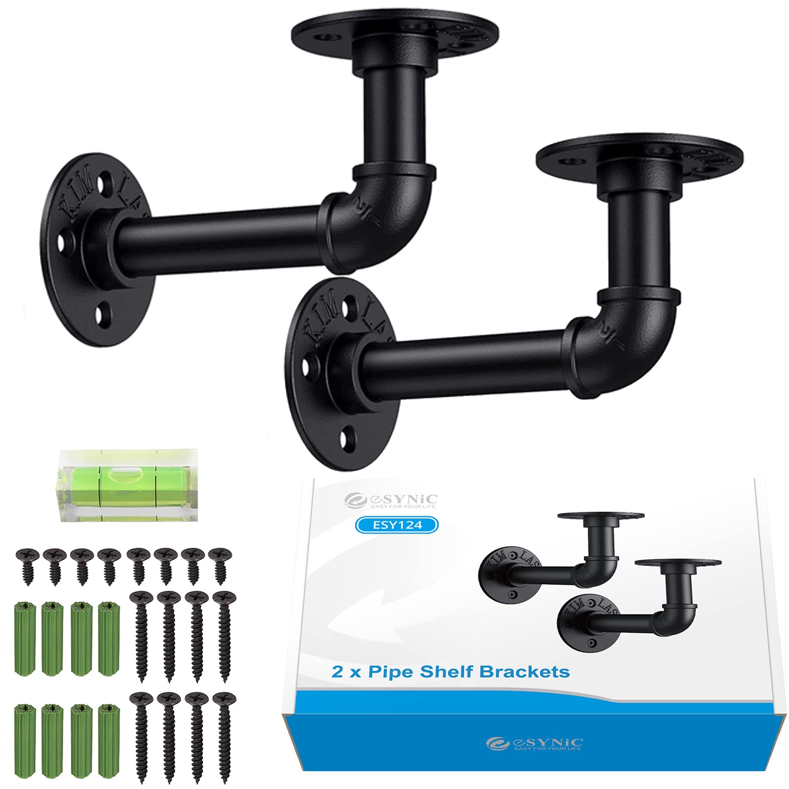 eSynic 2Pcs Pipe Brackets Black Industrial Pipe Shelf Bracket for Shelves Tube Rack Iron 1/2 inch Pipe Floating Shelves for Scaffold Board (15*8cm) with a Spirit Level — image 1