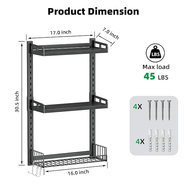 KALRIN 3 TIER BATHROOM SHELVES OVER TOILET – WALL MOUNTED FLOATING SHELVES WITH DRAIN BASKET, TOILET PAPER STORAGE, HEIGHT ADJUSTABLE OVER THE TOILET STORAGE, PURE BLACK