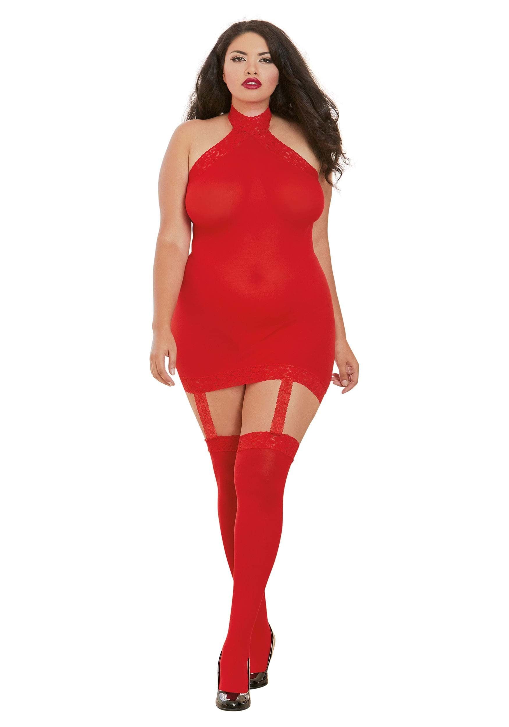 Dreamgirl Women's Plus Size Semi-Sheer Halter Garter Dress with Thigh High Stockings Attached, red, One Queen