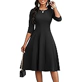 CLOCOR Casual Midi Dresses for Women A-Line Fit and Flare Elegant Church 3/4 Sleeve Crew Neck Dress with Pocket