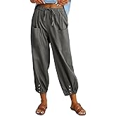 Amlztr Women's Cropped Drawstring Waist Wide Leg Loose Cotton Linen Capri Pants for Women