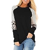 Leopard Print Tops for Women Long Sleeve Crew Neck Patchwork T Shirt Blouse
