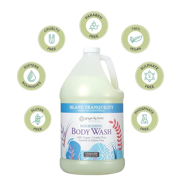 GINGER LILY FARMS BOTANICALS NOURISHING BODY WASH, ISLAND TRANQUILITY, 100% VEGAN & CRUELTY-FREE, GREEN TEA LEMONGRASS SCENT, 1 GALLON REFILL (128 FL. OZ.)