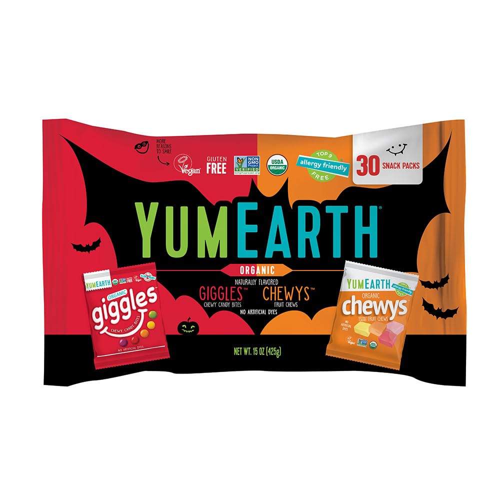 YumEarth Organic Halloween Giggles and Chewys Candy Variety Bag - Allergy Friendly (Top 9 Free), No Artificial Dyes Non GMO, Gluten Free, Vegan Candy Snacks - 15 oz (Pack of 30) Image