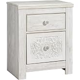 Signature Design by Ashley Nightstand, Paxberry Boho Whitewash | Engineered wood and decorative laminate, Ornate carved-effect medallion details, Includes 2 built-in USB charging ports