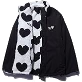 Sumleno Women's Fleece Sherpa Jackets Reversible Kawaii Heart Print Fuzzy Zip Up Cutecore Coats Aesthetic Y2k Gyaru Clothes