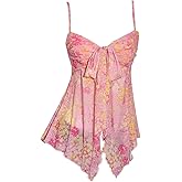 Milumia Women Floral Asymmetrical Flowy Cami Top Y2k Tie Front Spaghetti Strap Mesh Tops
