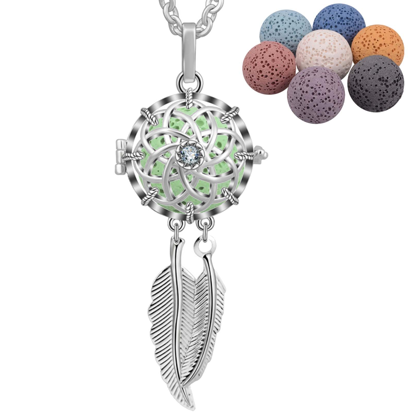 INFUSEU Aromatherapy Necklace Essential Oil Diffuser Jewelry Silver Plated Locket Dream Catcher Long Pendant Lava Stone aroma Beads & Chain 24" — image 1