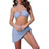 Elerevyo Women's Rope Circle Halter Ribbed Bikini Sets, 3 Piece Triangle Bottoms Side Tie Cover Up Swimwear Bathing Suits