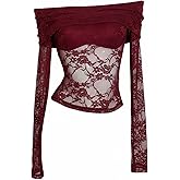 Floerns Women's Gothic Off The Shoulder Lace Crop Tops Long Sleeve See Through Going Out T Shirts