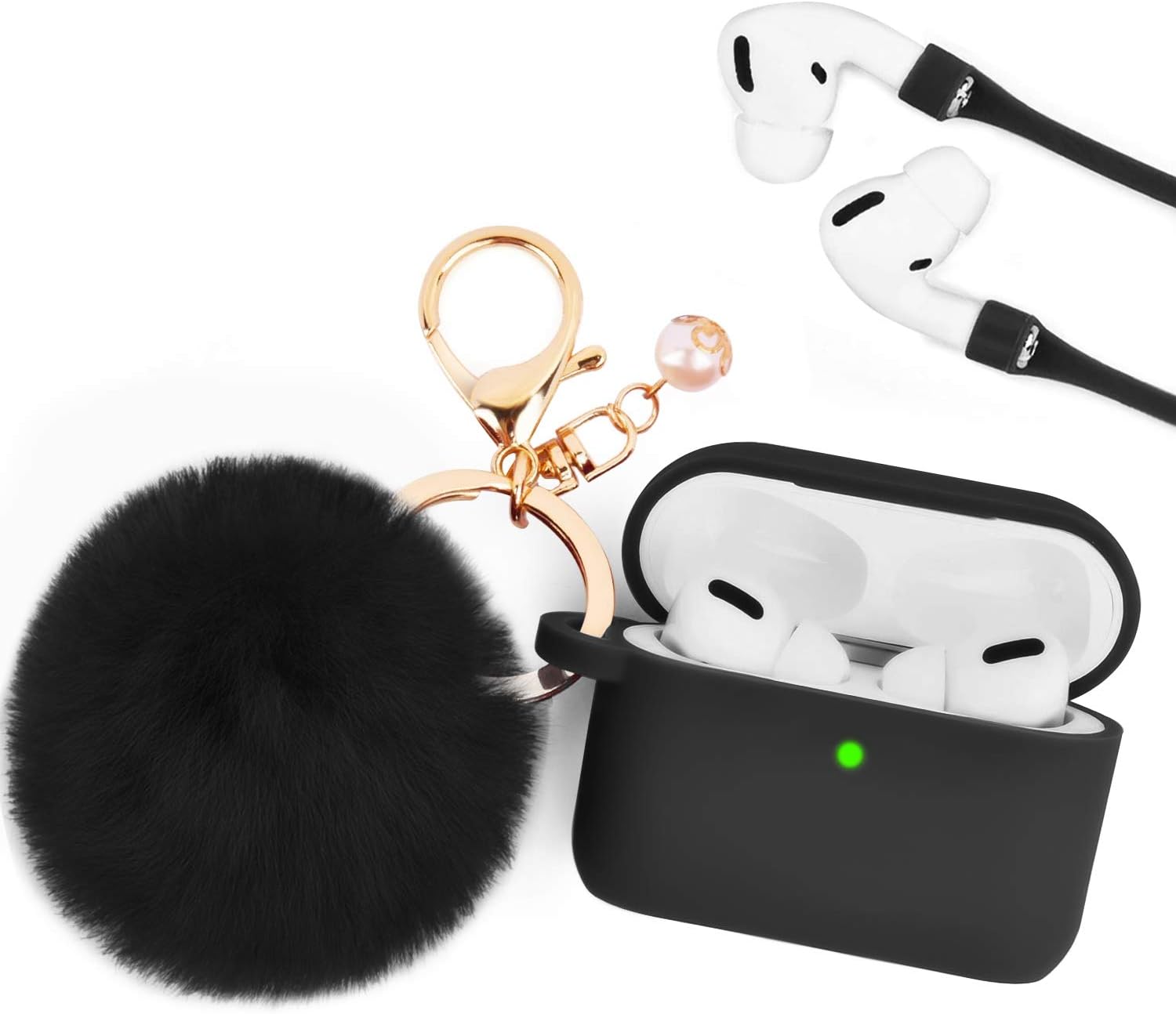 KUMEEK for Airpods Pro Case, Soft Silicone Case with Cute Pom Pom/Keychain/Skin/Strap, Shockproof Slim Protective Cover for AirPods Pro Case,Black