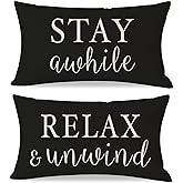 PANDICORN Decorative Throw Pillow Covers 12x20 Inch Set of 2 Stay Awhile Relax & Unwind Black White Outdoor Farmhouse Porch Patio Decorations Lumbar Cushion Cases for Home Living Room Sofa Couch Decor