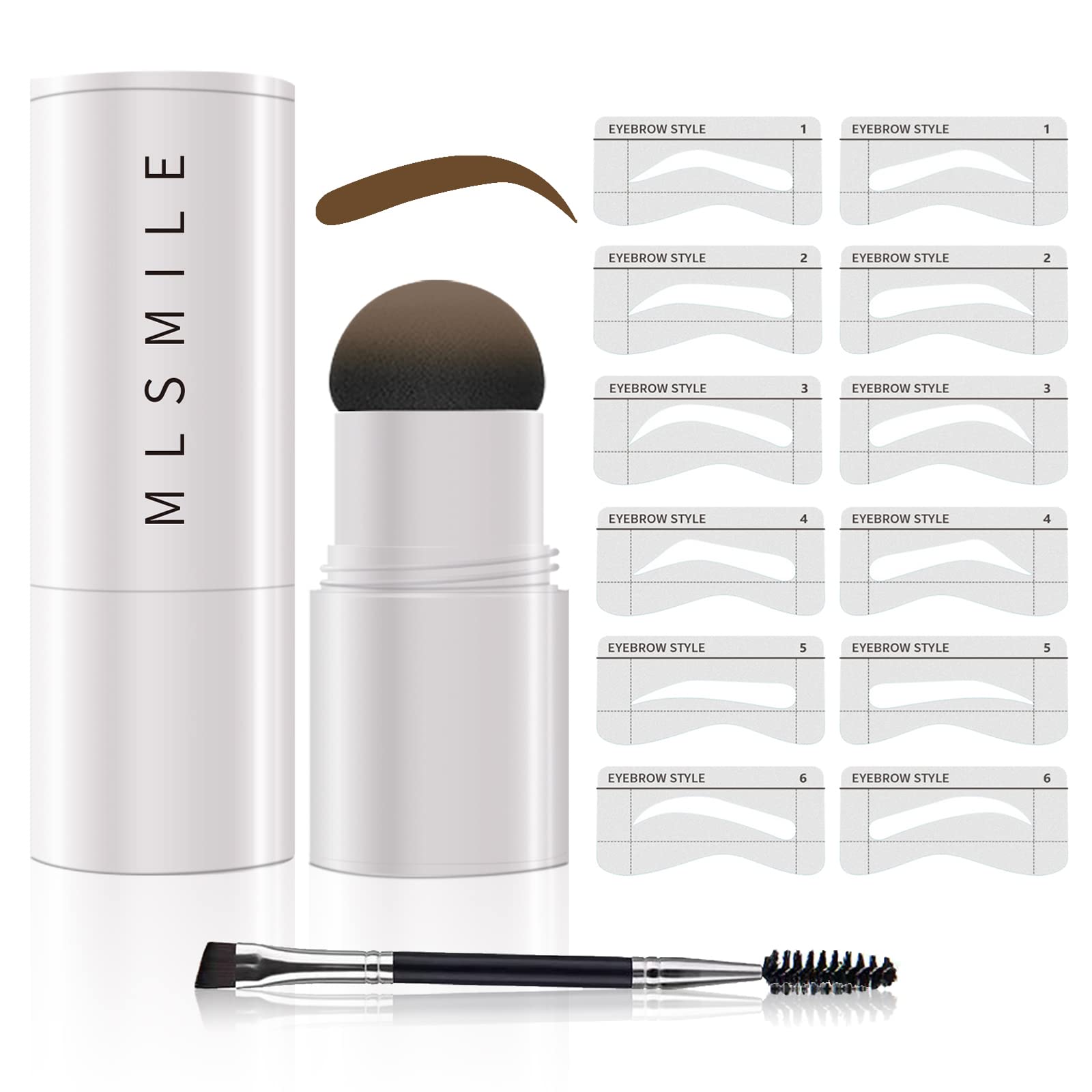 Eyebrow Stamp and Stencil Kit, MLSMILE One Step Brow Stamp Kit for Perfect Arches, with 10 Reusable Stencils & Brush, Waterproof, Long Lasting Eyebrow Makeup - Light Brown