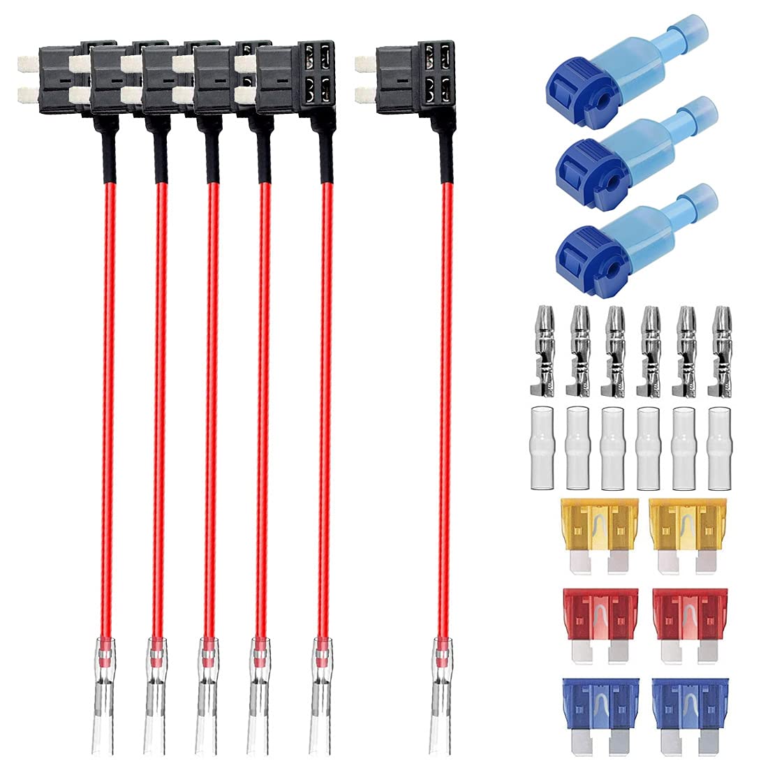 GUUZI 6pcs 12V-24V ACU Standard Add-A-Circuit Fuse Adapter with Wire Harness,Medium Fuse Holder with 6pcs Replacement Fuses(5A/10A/15A)