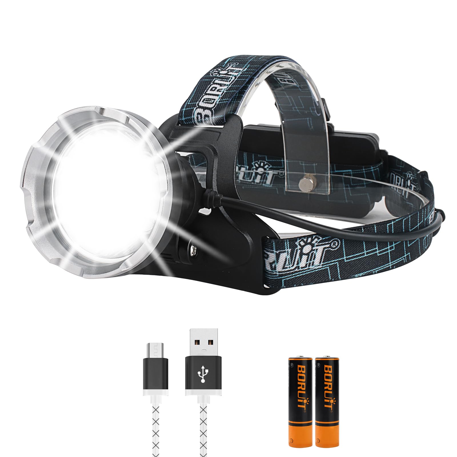 BORUIT B10 Head Torch LED Super Bright Rechargeable 2000 Lumens - 4 Modes USB Waterproof Powerful Headtorch Battery Power