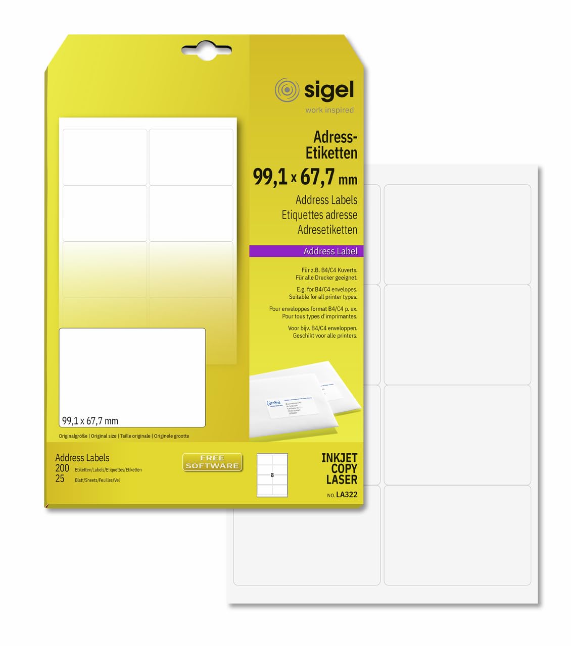 SIGEL LA322 Universal Address Labels, 9.91 x 6.77 cm, 200 lbl equal to 25 sheets, White