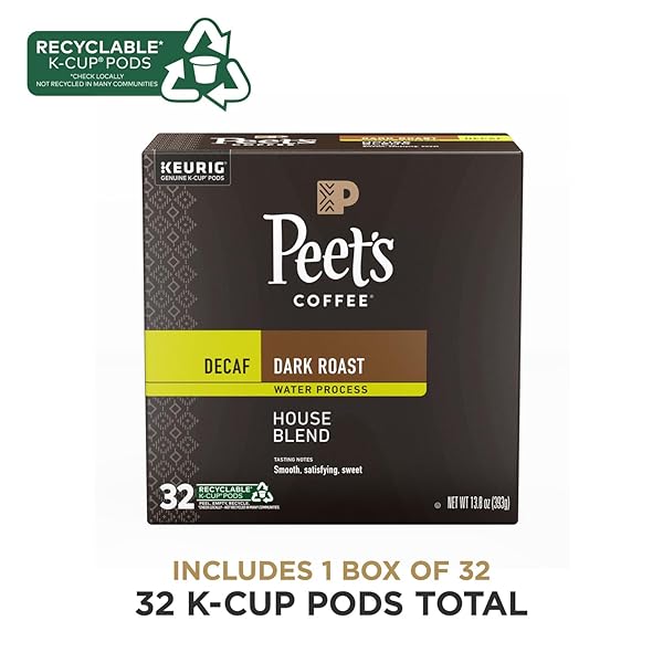 PEET’S COFFEE, DARK ROAST DECAF SINGLE SERVE COFFEE PODS – DECAF HOUSE BLEND 32 COUNT (1 BOX OF 32 PODS)