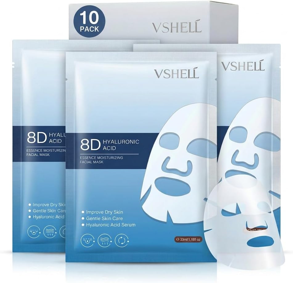 VSHELL Hyaluronic Acid Face Sheet Mask Set of 10 - Hydrating Korean Beauty