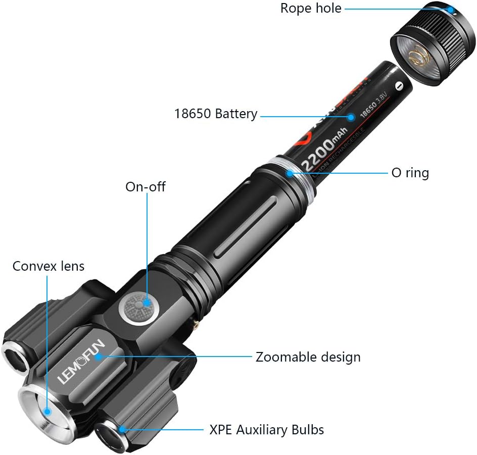 LED Tactical Flashlights High Lumens - 18650 Rechargeable Flashlight - 1000 Lumen Super Bright Light with 3 Bulbs, Zoomable, IP65 Water Resistant, 4 Modes - CREE Flashlight for Camping Emergency - - 