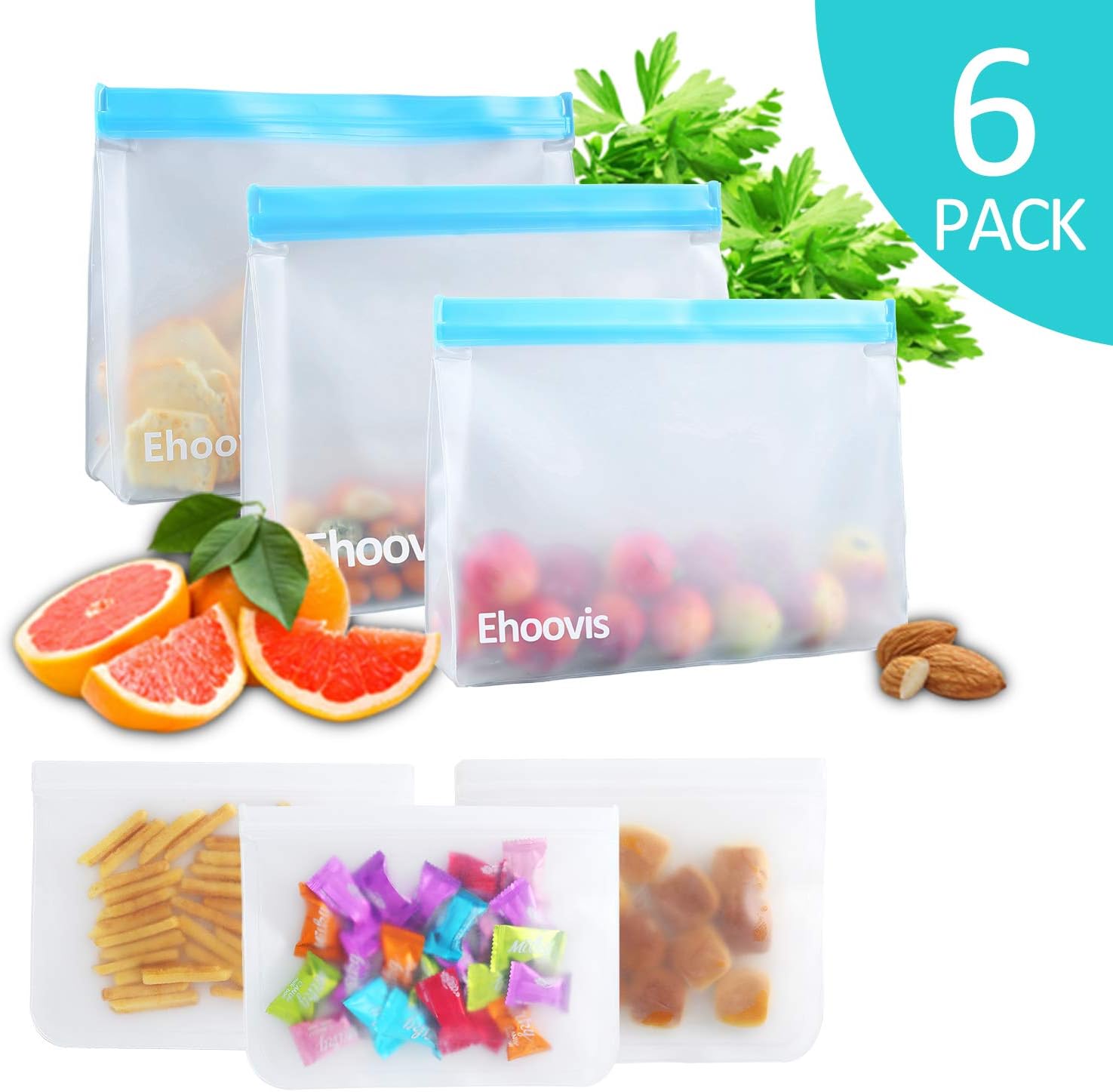 Reusable Ziplock Bags, Ehoovis Leakproof Food Storage Extra Thick Ideal for Lunch Sandwich, Food Snacks, Make-up, Travel Home Organization and More (3 Large Snack Bags+3 Sandwich Bags)