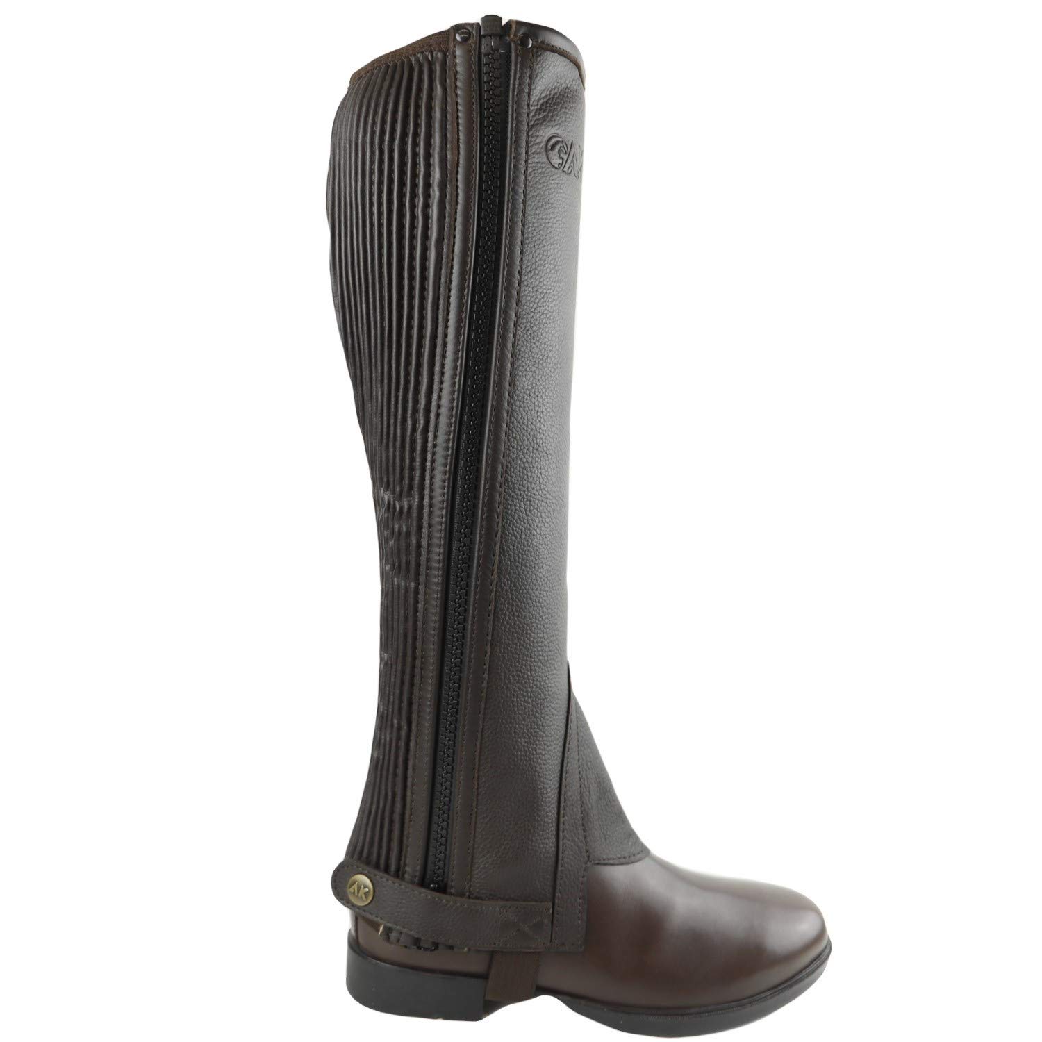 AK Side Zip with Stretch Panel Full Grain Leather Horse Riding Half Chaps (S, Brown)