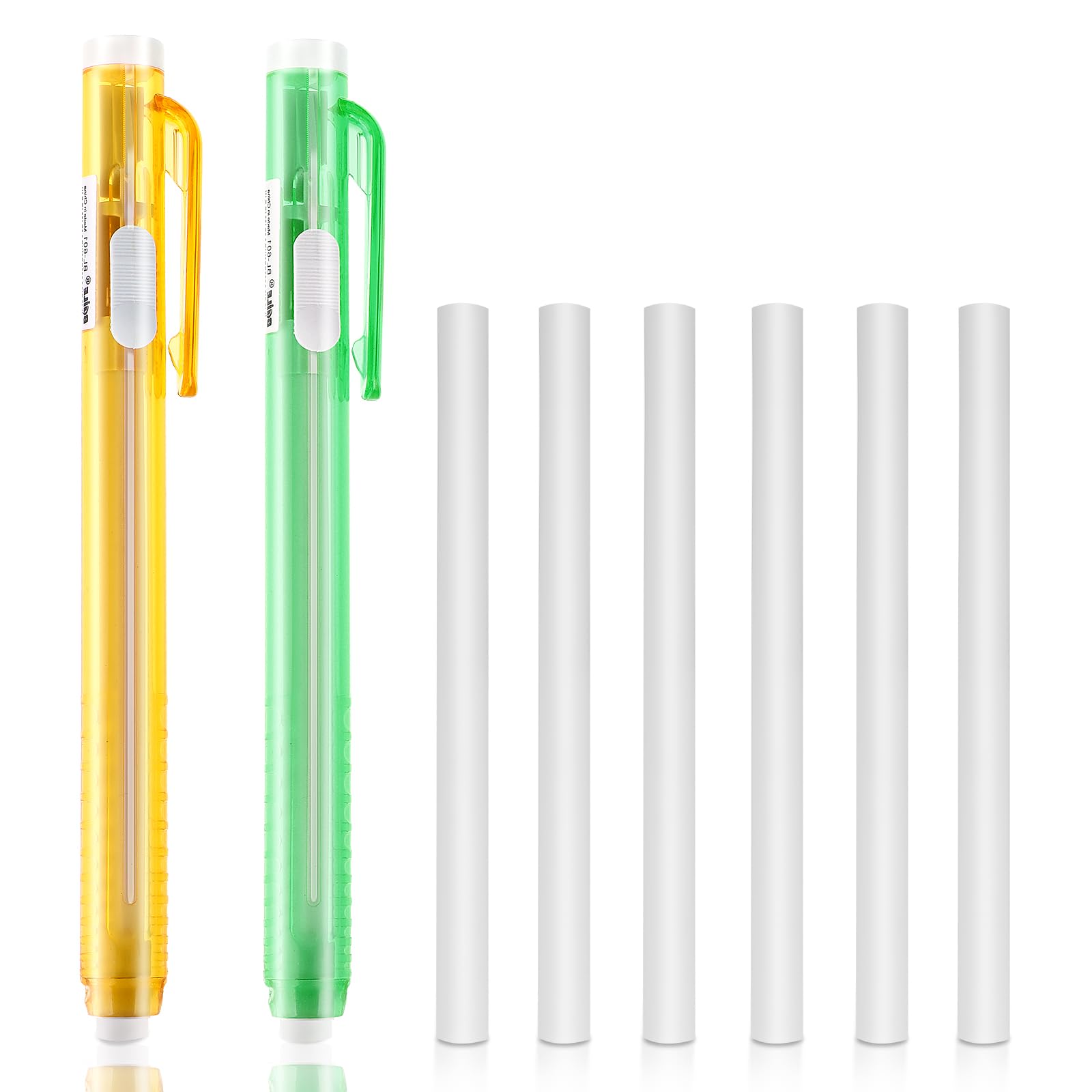 Molain Pen Style Erasers Set, 2PCS Retractable Mechanical Eraser Pens with 6 Pcs Replacement Refills, Click for School Office Painting Writing(Green, Orange), 13.4*1.6cm/5.27*0.62in, 543321_3-LYJ-1