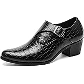 Men's Stone Pattern Chunky Heel Monk Strap Loafers Fashion Classic Pointed Toe Slip On Low Top Chelsea Business Dress Oxford Shoes