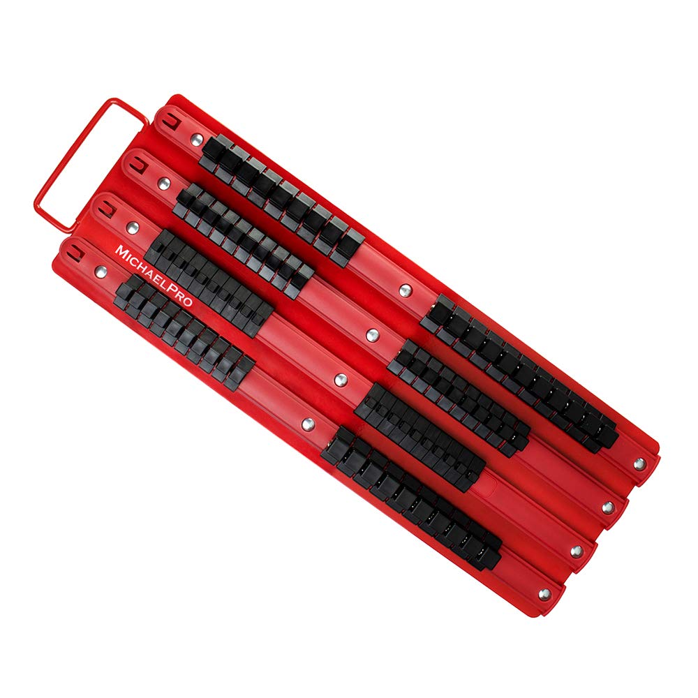 MichaelPro MP014006 Portable 80-Piece Socket Organizer - Red Rail with Black Clips