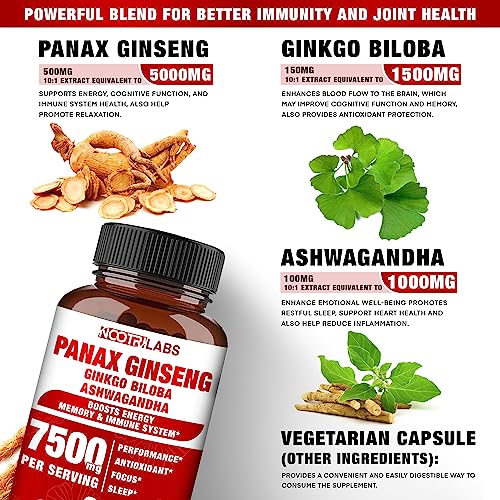 Korean Red Panax Ginseng 7500mg Highest Potency with Ginkgo Biloba and