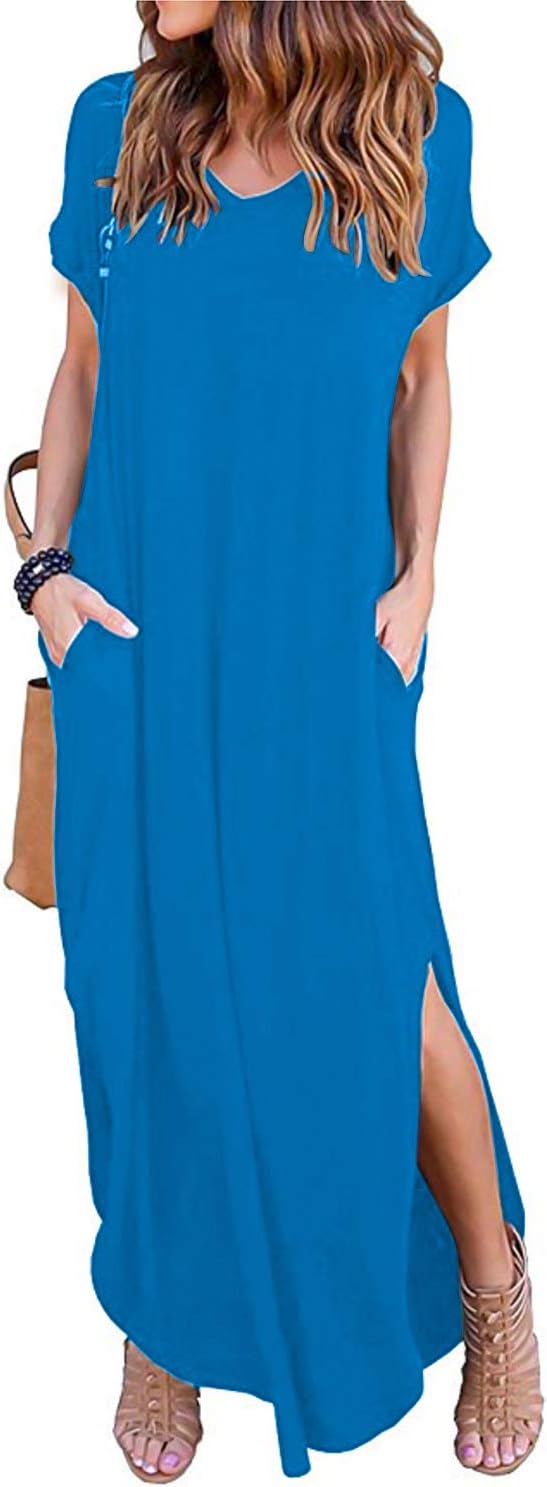 Women's Casual Loose Pocket Long Dress Short Sleeve Split Maxi Dresses