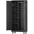 GLADIW Garage Storage Cabinet with Wheels, Metal Storage Cabinet with Lockable Doors and 4 Adjustable Shelves, Metal Locker with Pegboards for Garages, Offices, Gyms and Pantries, Black