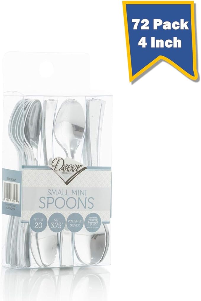 Disposable Plastic Mini Spoons, Silver Plastic Tasting Spoons, 4 inch Spoons, 72