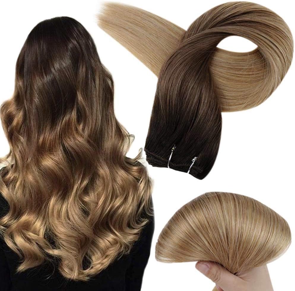 Full Shine Weft Hair Extensions 18 Inch Sew in Hair Weft, Remy Human Hair Bundles, Color 2 Darkest Brown Fading to 6 To 27 Honey Blonde Blonde Ombre Weft Hair Extensions, Remy Hair Weave Extensions