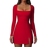 Memoriesea Women's Square Neck Long Sleeve Side Slit A-Line Cocktail Party Club Mini Dress