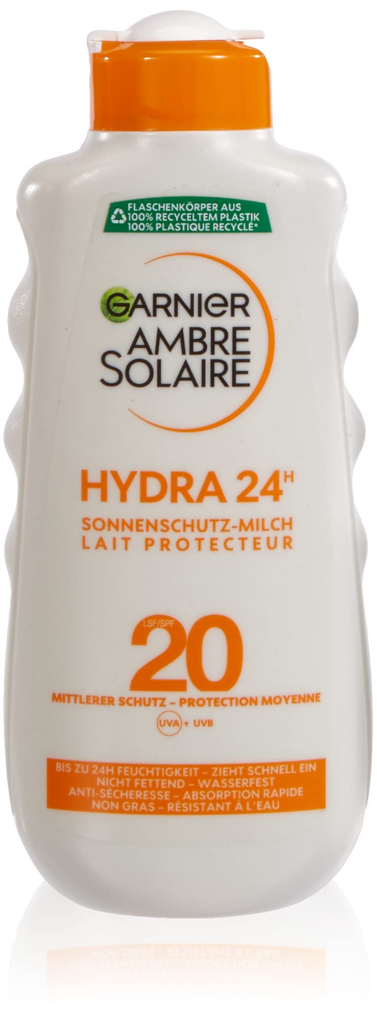 Garnier Sun Protection Milk with SPF 20, Protection from UVA/UVB, Sunburn and Premature Skin Aging, Waterproof and Non-Greasy Formula, Ambre Solaire Hydra 24h 200ml