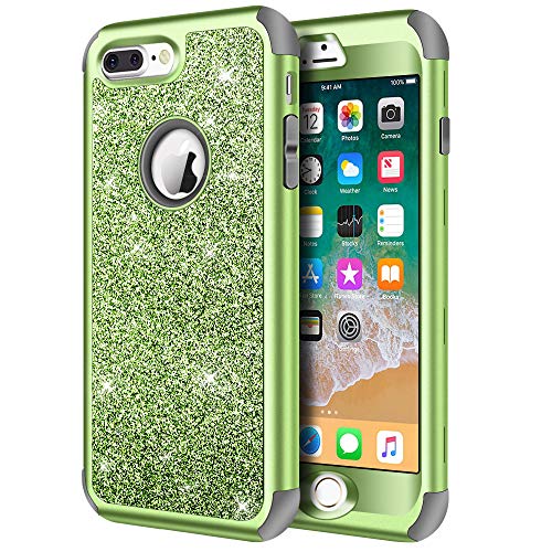 iPhone 8 Plus Case, iPhone 7 Plus Case, Hython Heavy Duty Defender Protective Case Bling Glitter Sparkle Hard Shell Armor Hybrid Shockproof Rubber Bumper Cover for iPhone 7 Plus and 8 Plus, Green