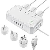 Puveini US to Europe Travel Adapter 220V to 110V Voltage Converter with 4.5A 6-Port USB Charging and UK/AU/US/EU Worldwide Plug Adapter