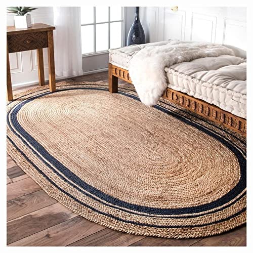 Ripaz Vogue - Jute Rug Natural Hand Braided Oval Shape Area Rug for Living Room, Hallway, Bedroom (60 x 120 cm (2x4 Feet), Beige + Black Line)