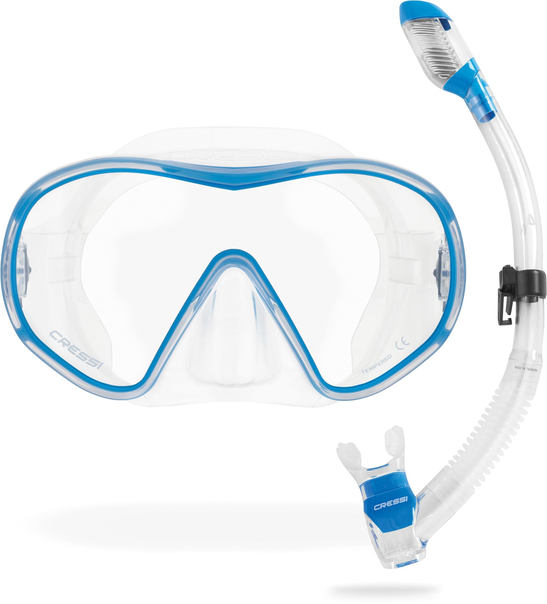 CRESSI F-Dual + Supernova Dry Combo - Unisex Diving Mask F-Dual rimless and Dry Snorkel for Snorkelling and Scuba Diving, Colour Clear/Blue, One Size