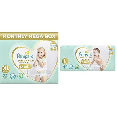 Pampers Premium Care Pants Diapers Monthly Box Pack, X-Large, 72 Count & Pampers Premium Care Pants Diapers, Large, 44 Count
