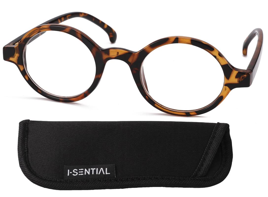 I-Sential Designer Style Round Reading Glasses Tortoise Brown Frame Men Women Unisex Retro Vintage Classic & Pouch +1.00