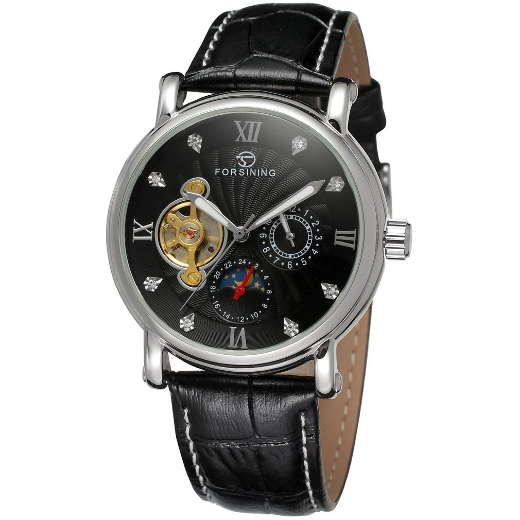 Forsining Men's Real Leather Strap Moon Phase Display Automatic Brand Collection Wristwatch