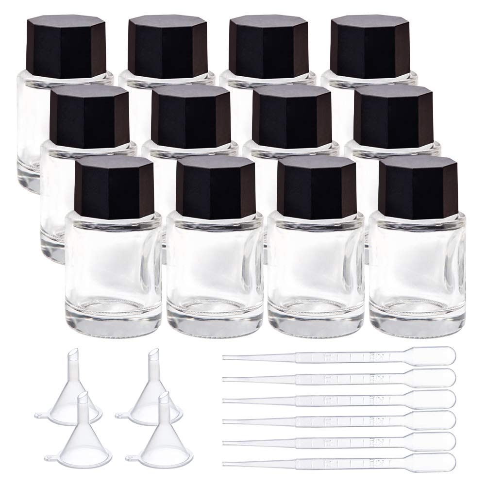 Photo 1 of BENECREAT 12Pcs 15ml Heavy Duty Glass Inkwell Jars with Black ABS Plastic Caps, 6Pcs Plastic Droppers, 4Pcs Funnels for Ink Liquid