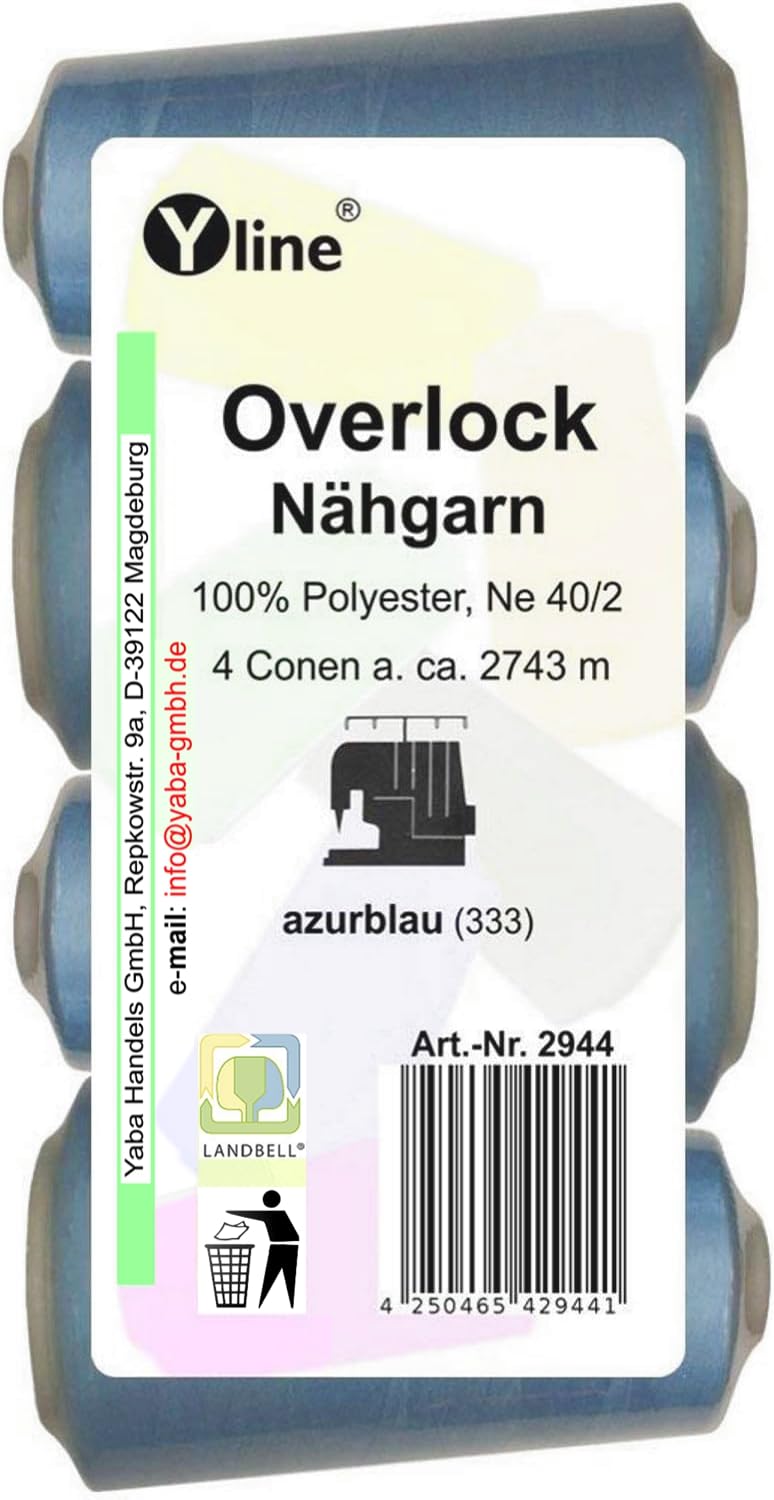 Set of 4 spools Overlock sewing yarn, azure - blue, a. 2743 m, NE 40/2, 100 % polyester sewing thread, sewing machine yarn, 2944.