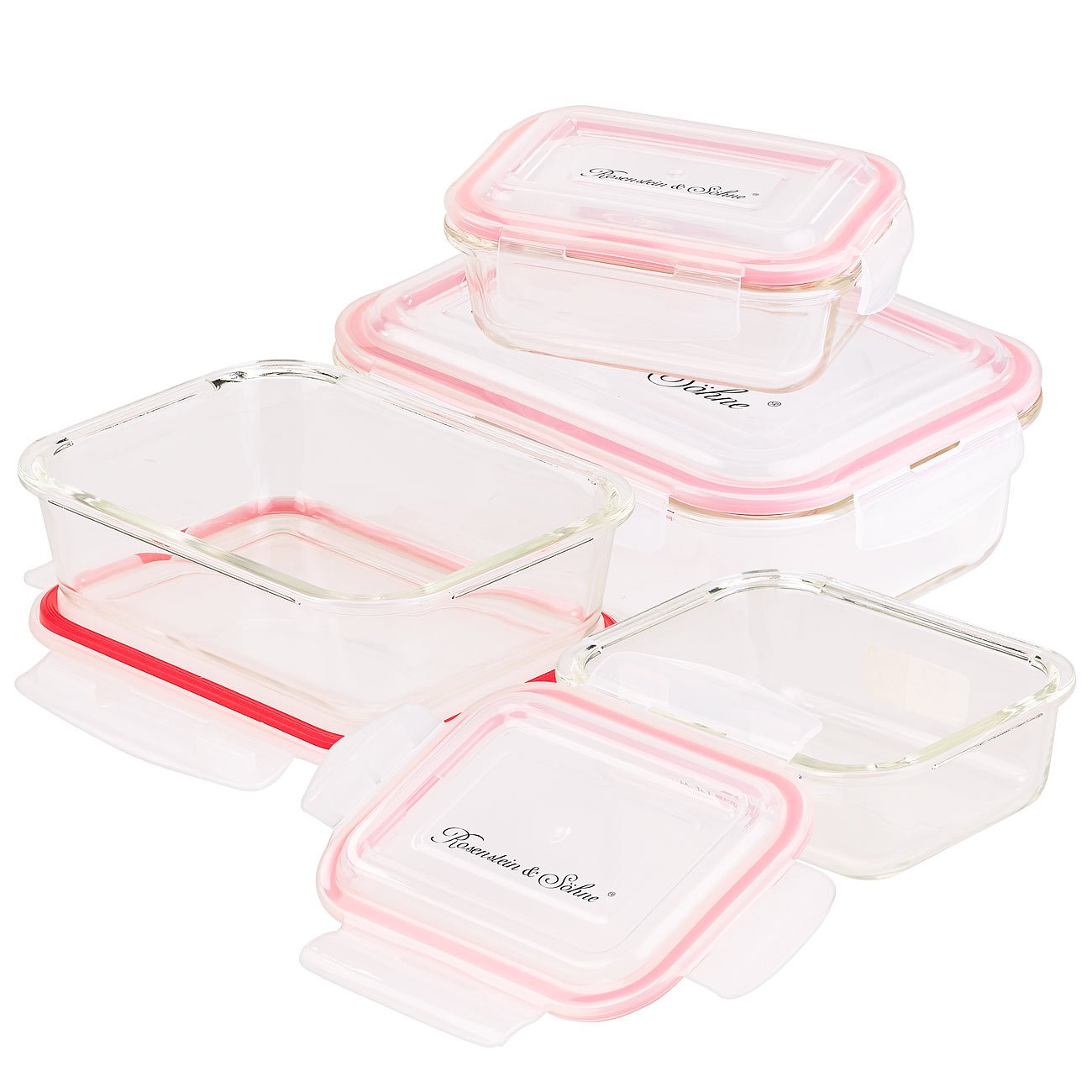 Rosenstein & Söhne 5 in 1 XL Food Storage Container Set, 8 Pieces, Clip Lid, -40 to +400 °C (Glass Bowls), red, 370ml+650ml+1000ml+1500ml