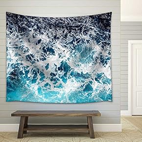 Areal Shot of Deep Blue and Rough Sea with Lot of Sea Spray - Fabric Wall Tapestry Home Decor - 51x60 inches